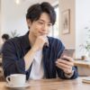 カフェでスマートフォンを見ながら相手を探す成人男性（イメージ）