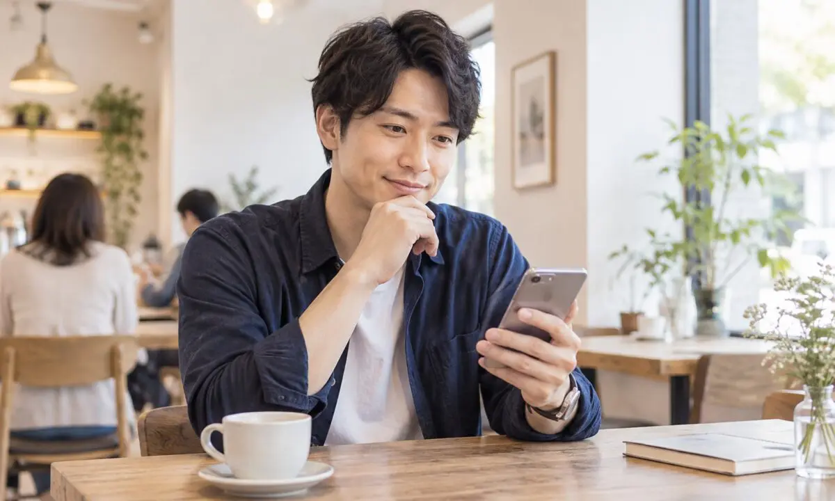 カフェでスマートフォンを見ながら相手を探す成人男性（イメージ）