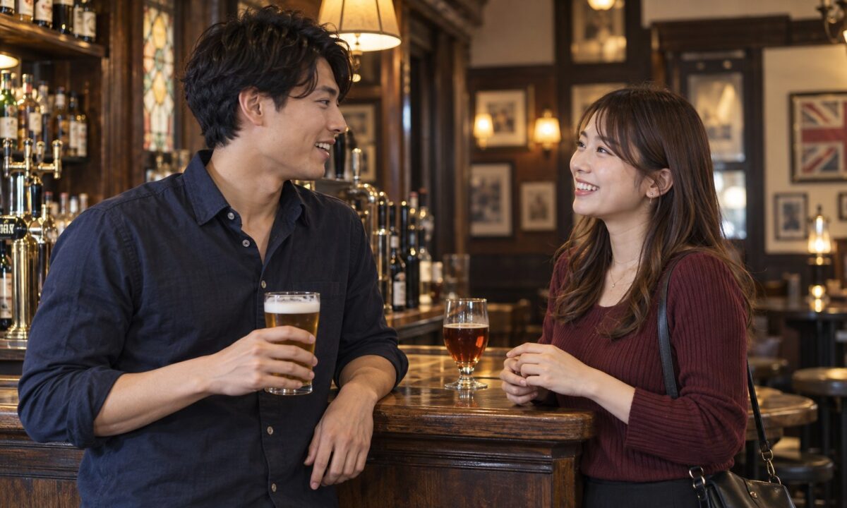 パブでドリンクを手に会話する成人の男女（イメージ）