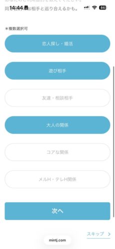 Jメールの利用目的に大人の関係が表示されている画面