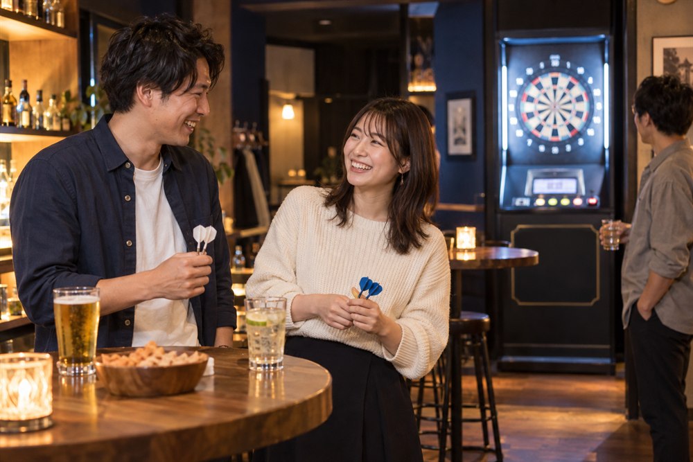 ダーツを楽しんだ後に会話する大人の男女のイメージ