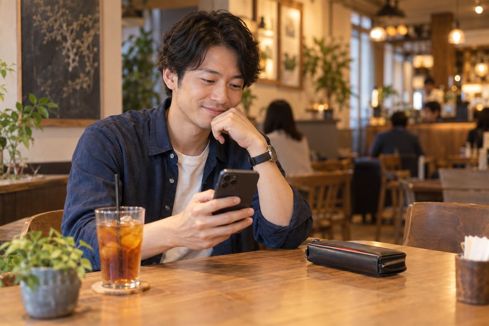 スマートフォンで一緒に出かける相手を探す男性のイメージ