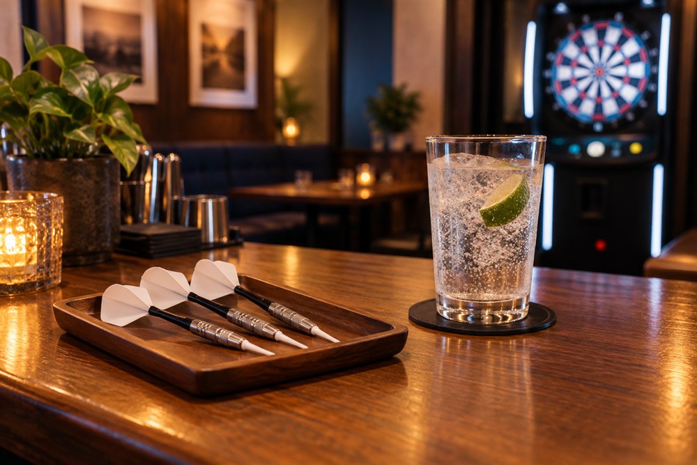 貸しダーツとノンアルコールドリンクを置いたカウンターのイメージ