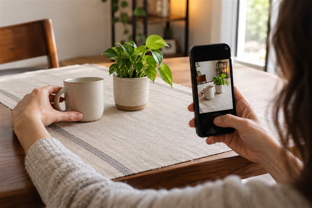 写真の背景を確認しながらカップを撮影する手元
