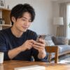 自宅でスマートフォンのプロフィールを確認する男性