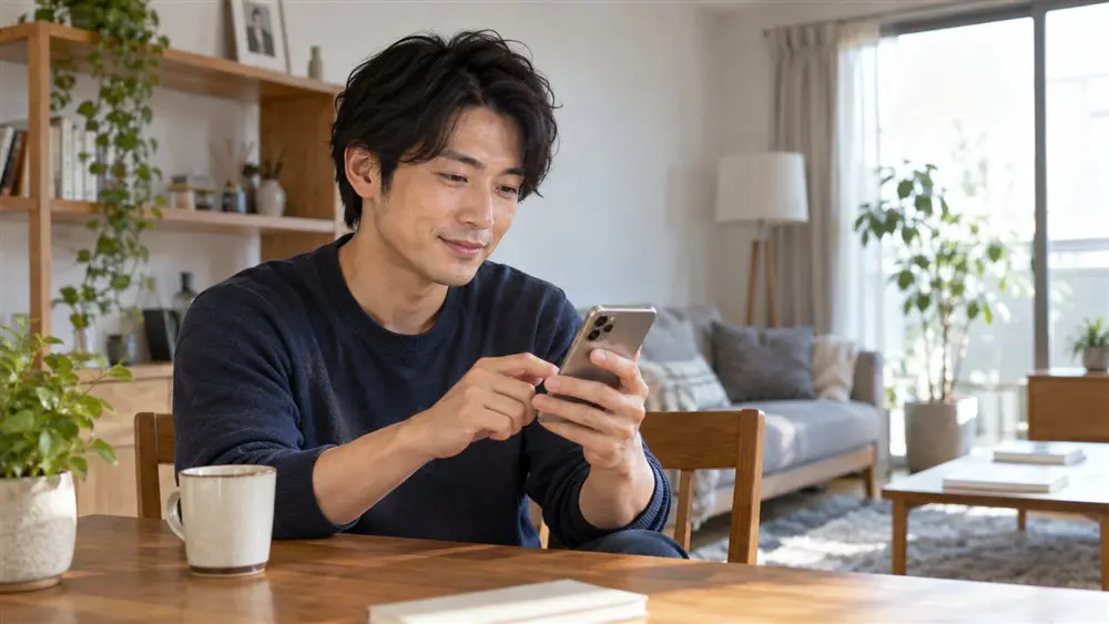 自宅でスマートフォンのプロフィールを確認する男性