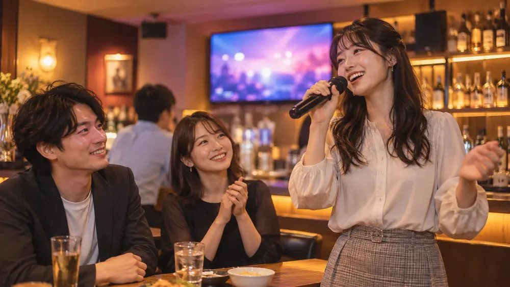 共用フロアのカラオケバーで歌と交流を楽しむ大人たち