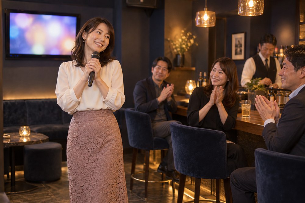 カラオケバーで歌い終わった人に拍手を送る大人たちのイメージ