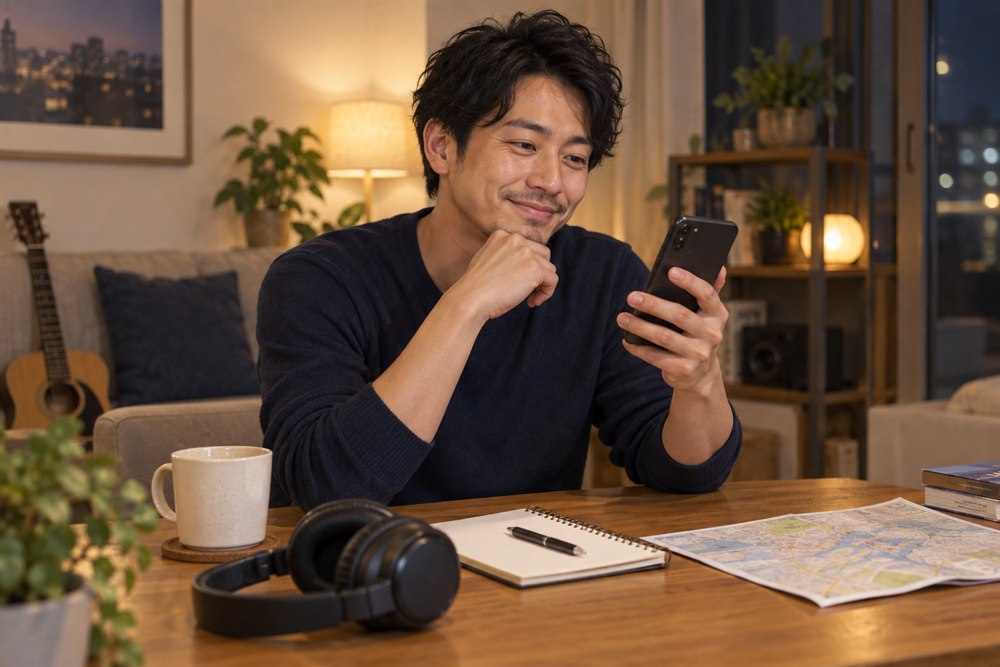 音楽を楽しみながらスマートフォンで外出相手を探す男性のイメージ