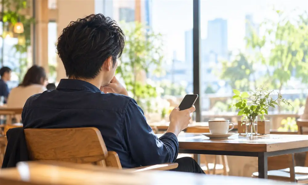 カフェでスマートフォンを持つ男性の後ろ姿