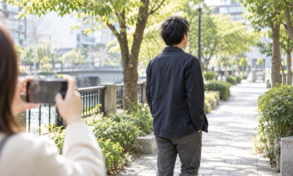 木々のある道で男性の後ろ姿を撮影する様子