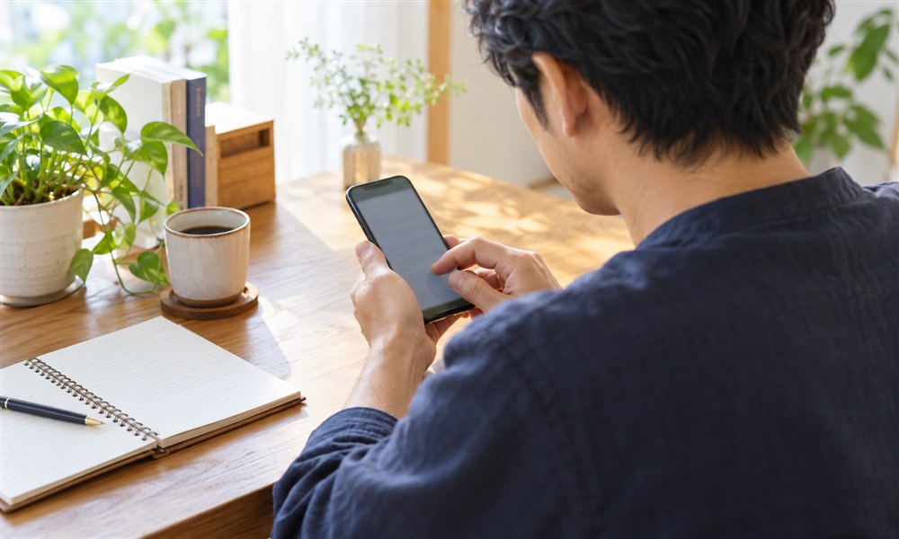 机でスマートフォンを使い自己紹介を考える男性
