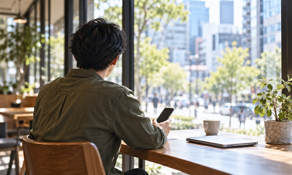 カフェでスマートフォンを手にサービスを選ぶ男性の後ろ姿