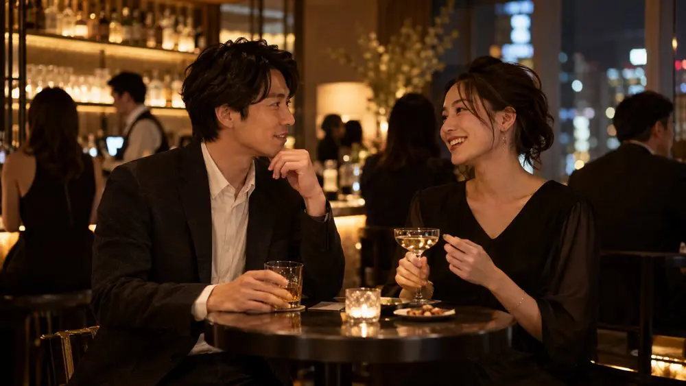 交流型のバーで会話を楽しむ大人の男女のイメージ