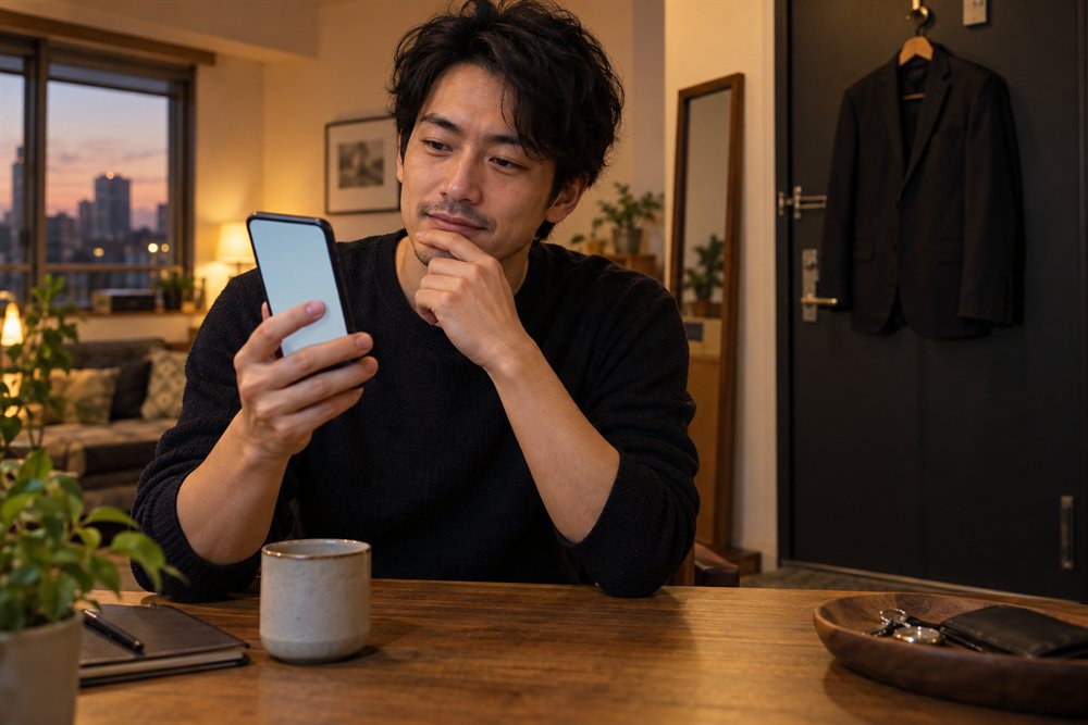 外出前にスマートフォンで話の合う相手を探す大人の男性のイメージ