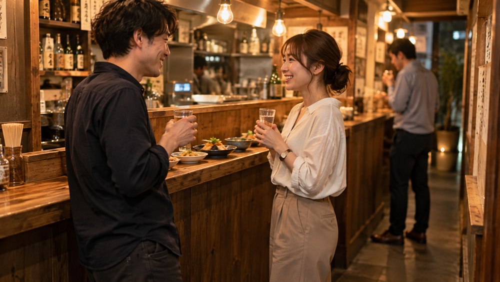 立ち飲み屋のカウンターで会話を楽しむ成人の男女