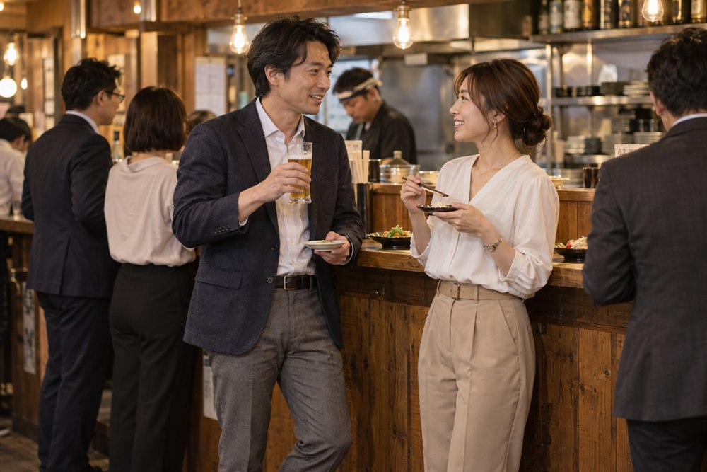 立ち飲みのカウンターで料理を話題に会話する大人の男女のイメージ