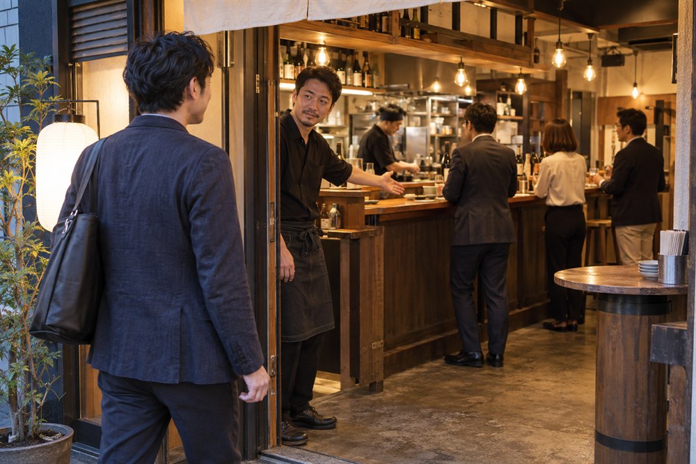 一人で立ち飲み屋を訪れ店員に空いている場所を案内される男性のイメージ