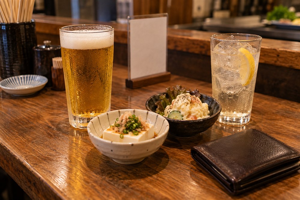 立ち飲みの予算を考える飲み物と小皿料理のイメージ