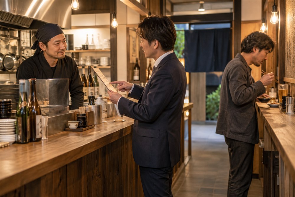 立ち飲み屋で店員に注文方法を聞き周囲との距離を保つ男性のイメージ