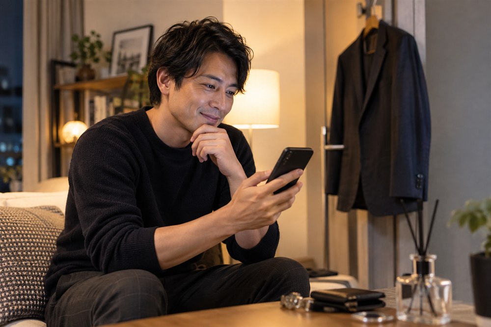 外出前にスマートフォンで一緒に飲みに行く相手を探す男性のイメージ