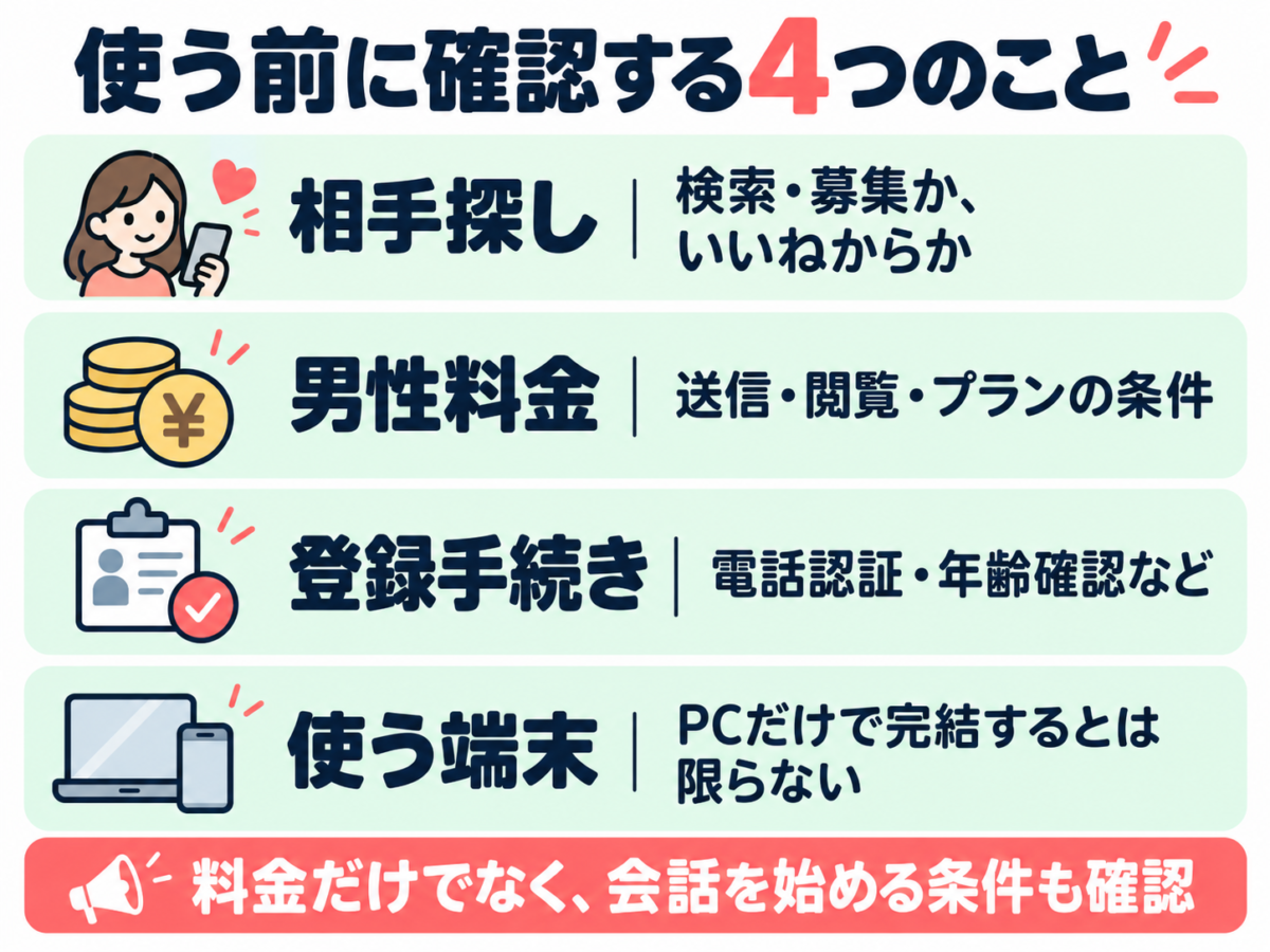 使う前に確認する4つのこと。相手探し|検索・募集か、いいねからか。男性料金|送信・閲覧・プランの条件。登録手続き|電話認証・年齢確認など。使う端末|PCだけで完結するとは限らない。