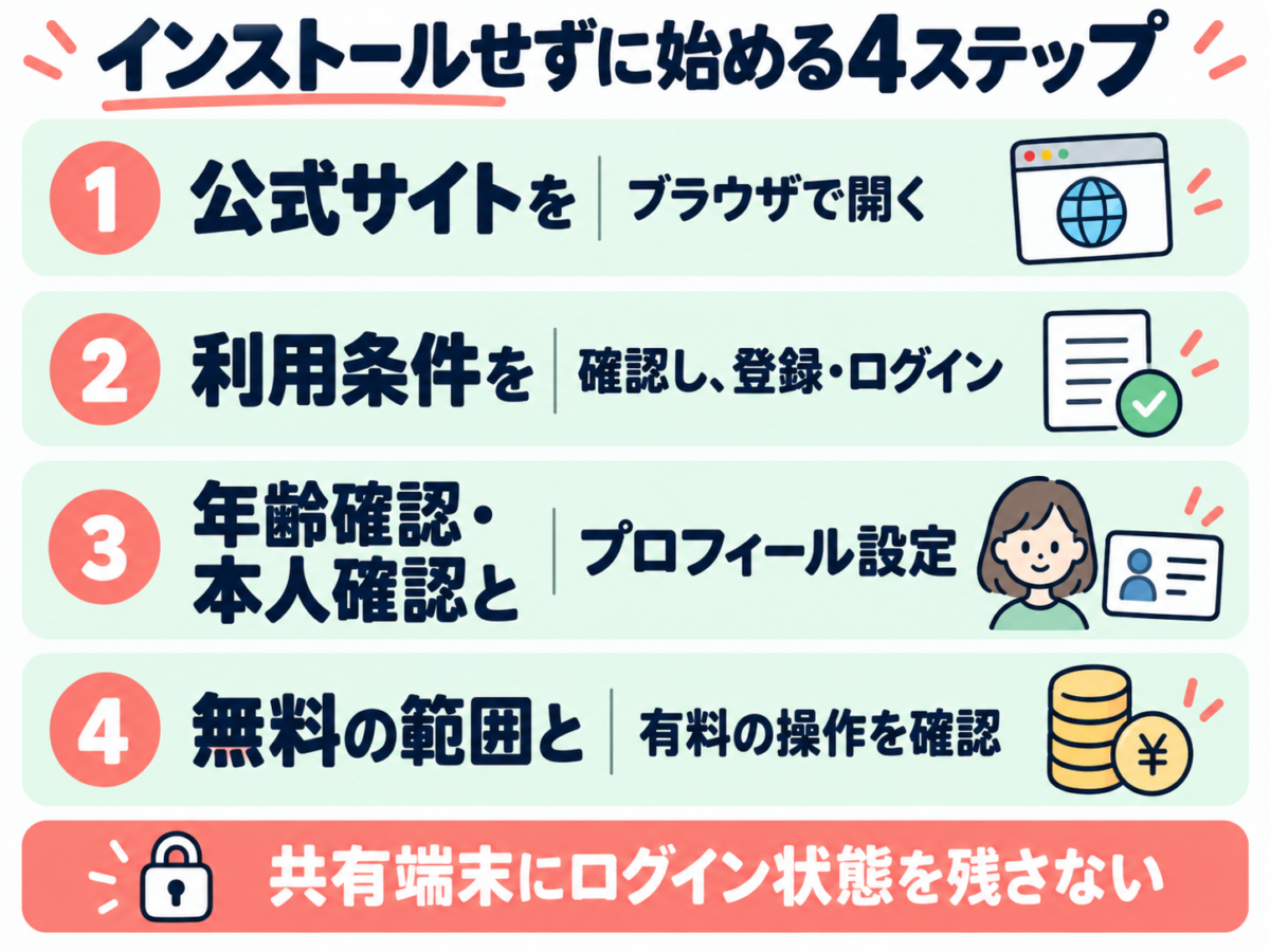 インストールせずに始める4ステップ。公式サイトをブラウザで開く。利用条件を確認し、登録・ログイン。年齢確認・本人確認とプロフィール設定。無料の範囲と有料の操作を確認。