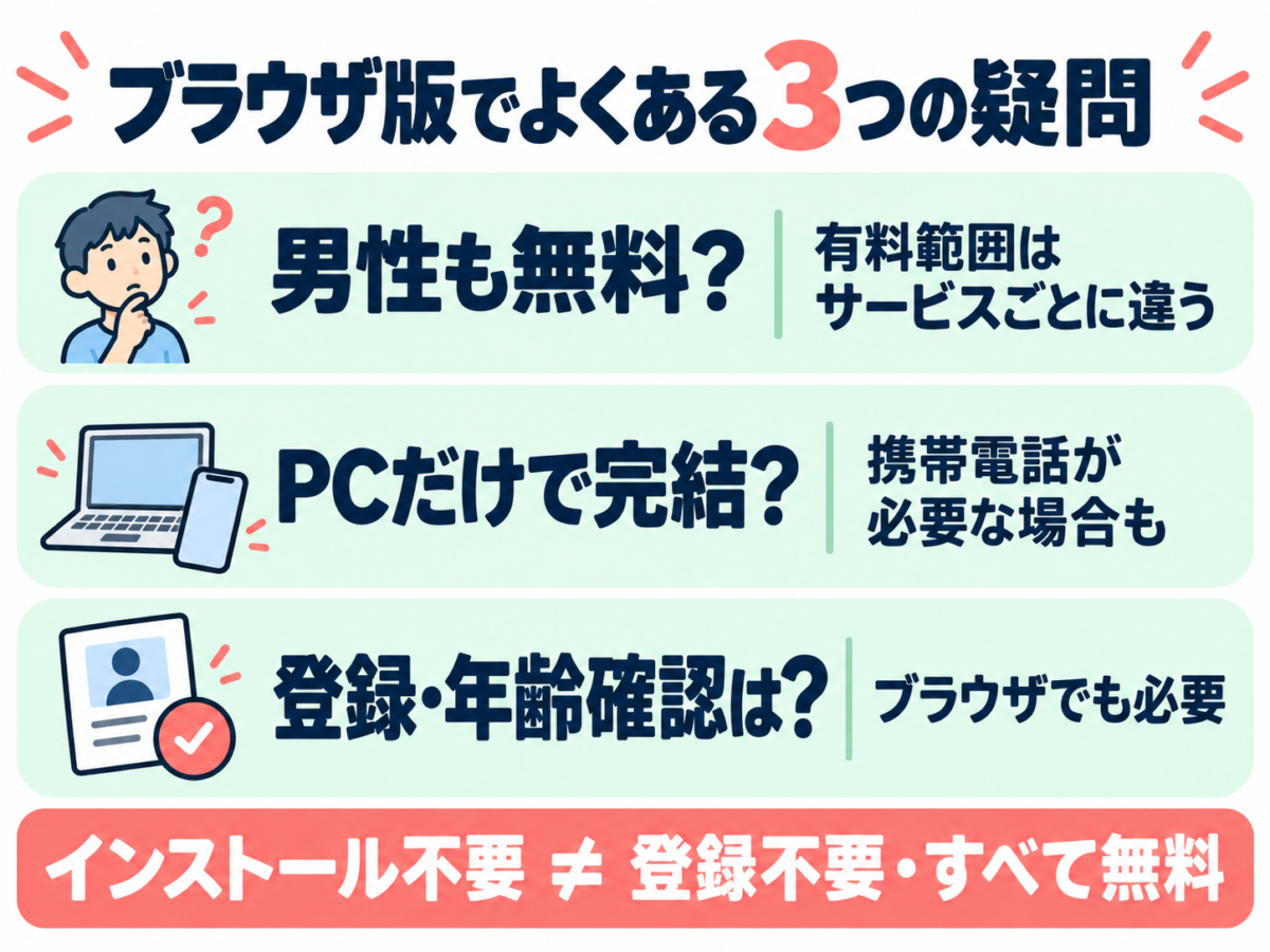 ブラウザ版でよくある3つの疑問。男性も無料?|有料範囲はサービスごとに違う。PCだけで完結?|携帯電話が必要な場合も。登録・年齢確認は?|ブラウザでも必要。