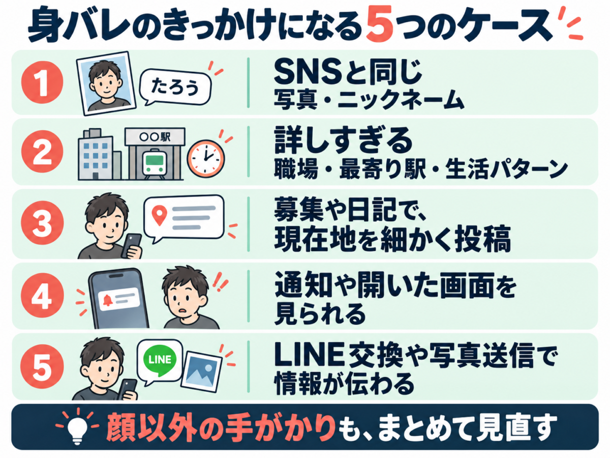 身バレのきっかけになる5つのケース。SNSと同じ写真・ニックネーム。詳しすぎる職場・最寄り駅・生活パターン。募集や日記で、現在地を細かく投稿。通知や開いた画面を見られる。LINE交換や写真送信で情報が伝わる。