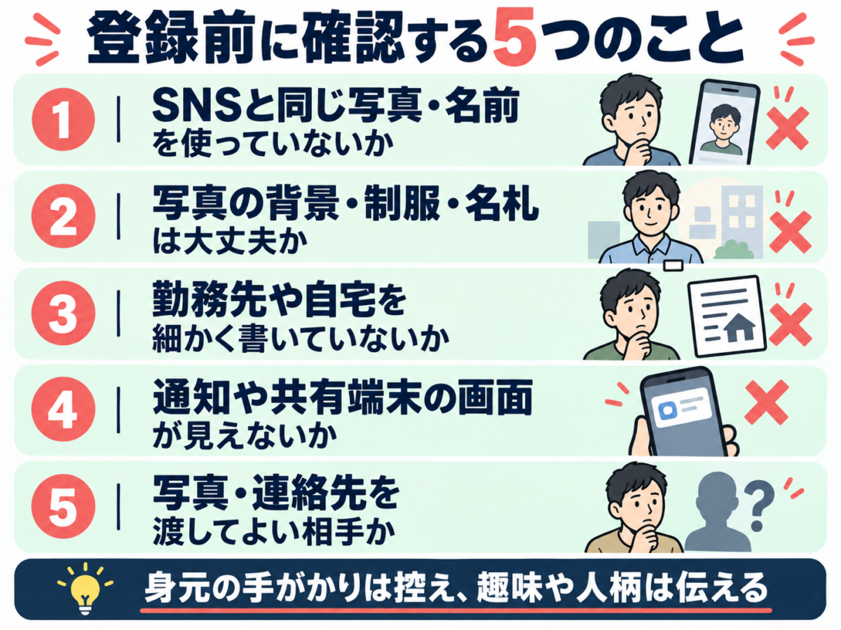 登録前に確認する5つのこと。SNSと同じ写真・名前を使っていないか。写真の背景・制服・名札は大丈夫か。勤務先や自宅を細かく書いていないか。通知や共有端末の画面が見えないか。写真・連絡先を渡してよい相手か。