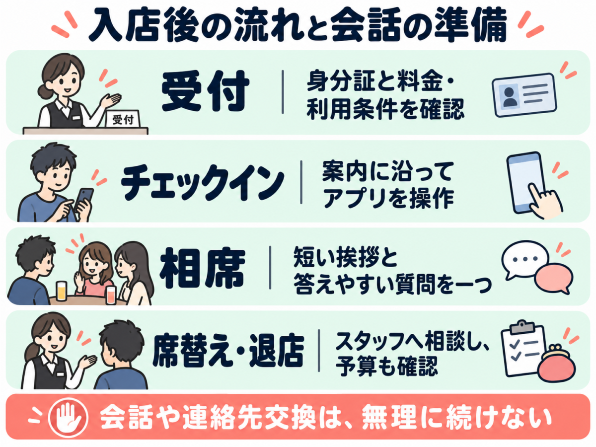 入店後の流れと会話の準備。受付|身分証と料金・利用条件を確認。チェックイン|案内に沿ってアプリを操作。相席|短い挨拶と答えやすい質問を一つ。席替え・退店|スタッフへ相談し、予算も確認。