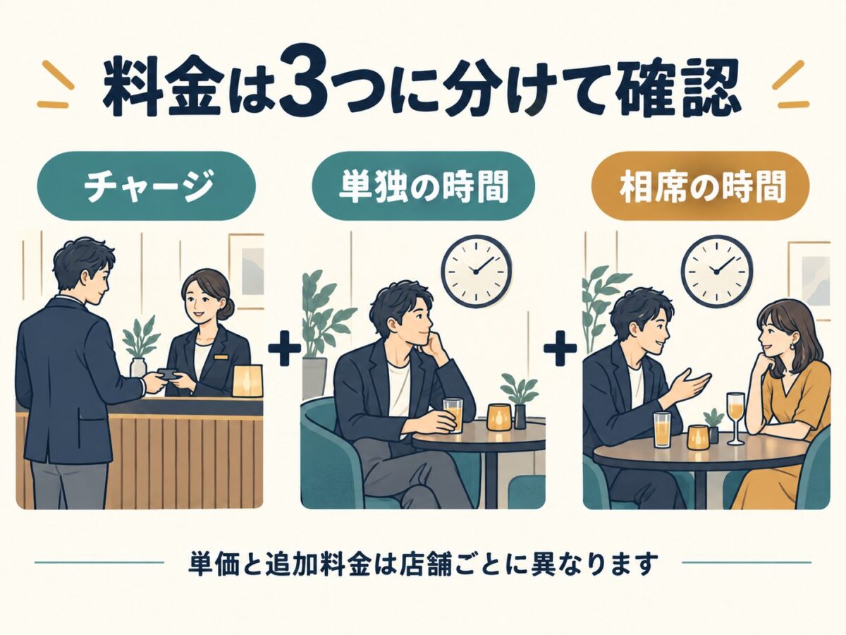チャージ、単独の時間、相席の時間に分けて料金を確認する図解イラスト